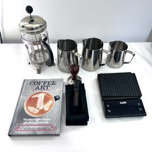 LOT of 8 Barista Tools French Press Coffee Milk Frothing Tamper Art Coffee Book